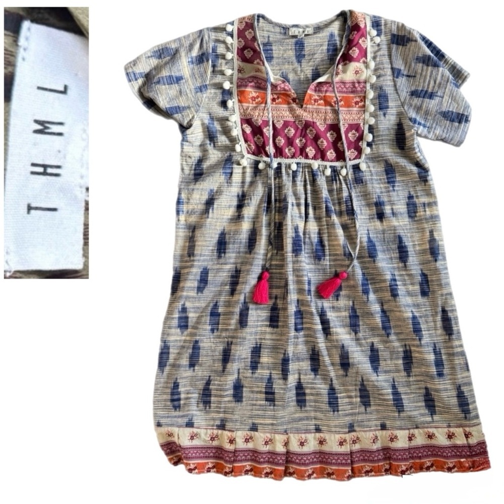 THML Anthropology BOHO Pom Pom Tassel Dress Multicolor Peasant Style – Size M